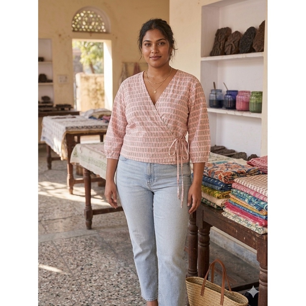 Katha Katha Hand Block Boho Print Wrap Top Pink Green Cotton V-Neck Blouse